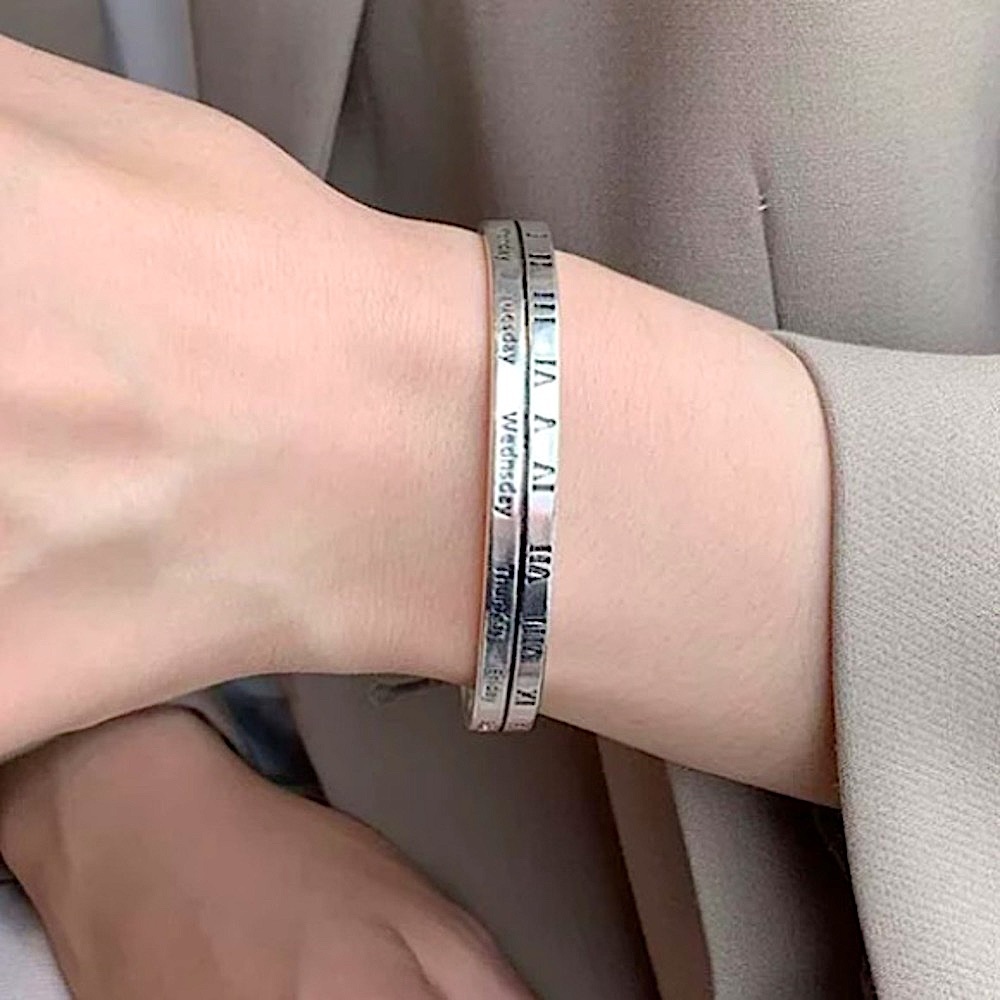 Sterling Silver Roman Numeral Bangle Cuff Bracelet - Picture 7 of 14